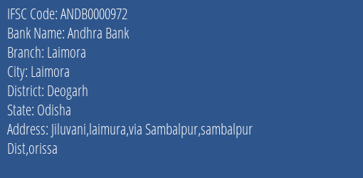 Andhra Bank Laimora Branch Deogarh IFSC Code ANDB0000972