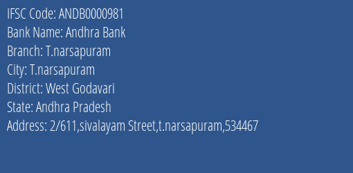 Andhra Bank T.narsapuram Branch West Godavari IFSC Code ANDB0000981