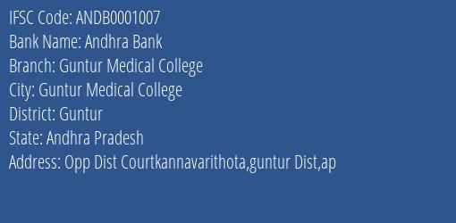 Andhra Bank Guntur Medical College Branch, Branch Code 001007 & IFSC Code Andb0001007