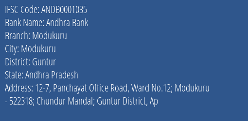 Andhra Bank Modukuru Branch Guntur IFSC Code ANDB0001035
