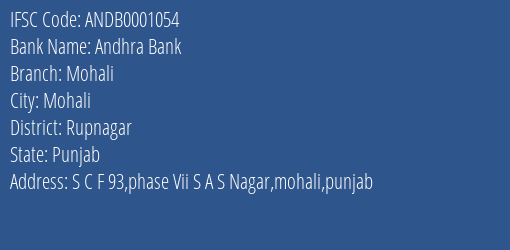 Andhra Bank Mohali Branch Rupnagar IFSC Code ANDB0001054