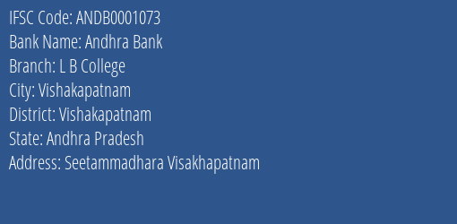 Andhra Bank L B College Branch Vishakapatnam IFSC Code ANDB0001073