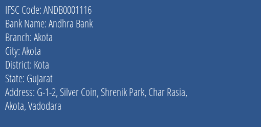 Andhra Bank Akota Branch, Branch Code 001116 & IFSC Code Andb0001116