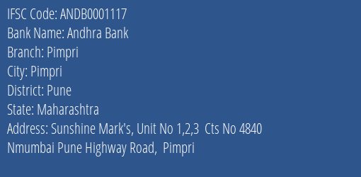 Andhra Bank Pimpri Branch Pune IFSC Code ANDB0001117