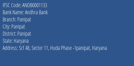 Andhra Bank Panipat Branch, Branch Code 001133 & IFSC Code ANDB0001133