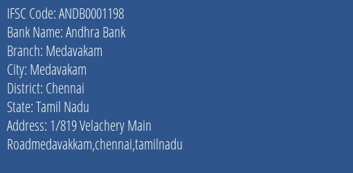 Andhra Bank Medavakam Branch Chennai IFSC Code ANDB0001198