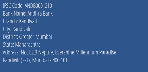 Andhra Bank Kandivali Branch Greater Mumbai IFSC Code ANDB0001210