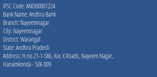Andhra Bank Nayeemnagar Branch Warangal IFSC Code ANDB0001224
