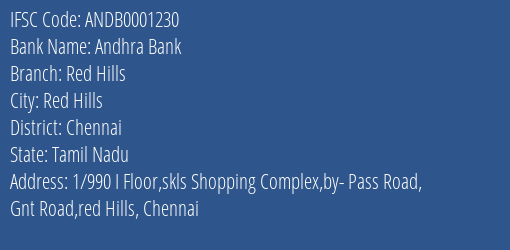 Andhra Bank Red Hills Branch Chennai IFSC Code ANDB0001230