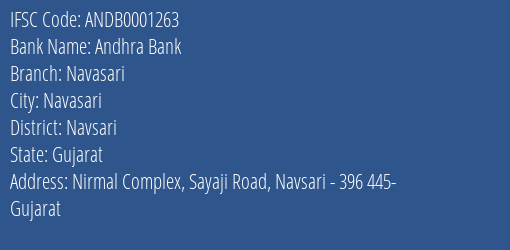 Andhra Bank Navasari Branch, Branch Code 001263 & IFSC Code Andb0001263