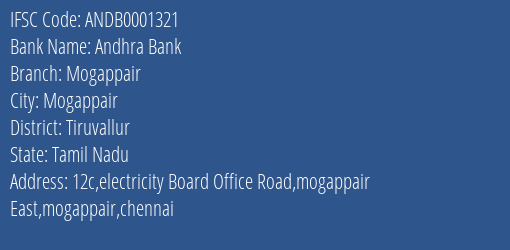 Andhra Bank Mogappair Branch, Branch Code 001321 & IFSC Code ANDB0001321