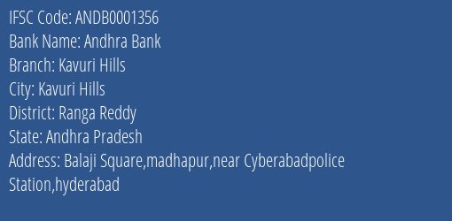 Andhra Bank Kavuri Hills Branch Ranga Reddy IFSC Code ANDB0001356