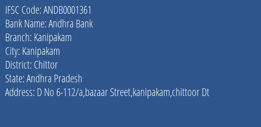 Andhra Bank Kanipakam Branch Chittor IFSC Code ANDB0001361