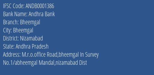 Andhra Bank Bheemgal Branch Nizamabad IFSC Code ANDB0001386
