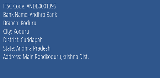 Andhra Bank Koduru Branch Cuddapah IFSC Code ANDB0001395