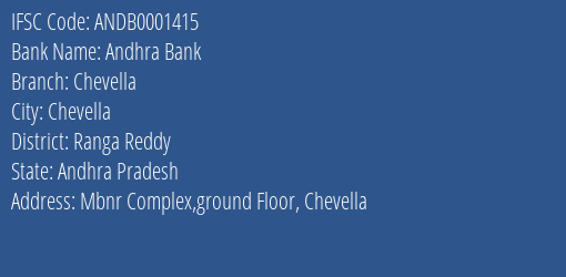 Andhra Bank Chevella Branch Ranga Reddy IFSC Code ANDB0001415
