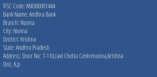 Andhra Bank Nunna Branch Krishna IFSC Code ANDB0001444