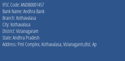 Andhra Bank Kothavalasa Branch Vizianagaram IFSC Code ANDB0001457