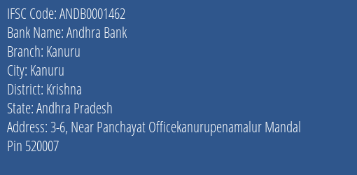 Andhra Bank Kanuru Branch Krishna IFSC Code ANDB0001462