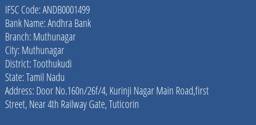 Andhra Bank Muthunagar Branch Toothukudi IFSC Code ANDB0001499