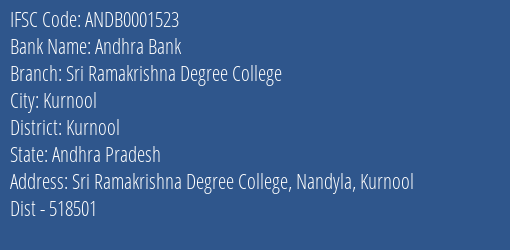 Andhra Bank Sri Ramakrishna Degree College Branch Kurnool IFSC Code ANDB0001523