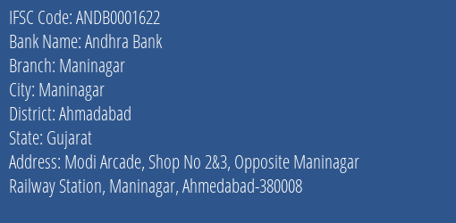 Andhra Bank Maninagar Branch, Branch Code 001622 & IFSC Code Andb0001622