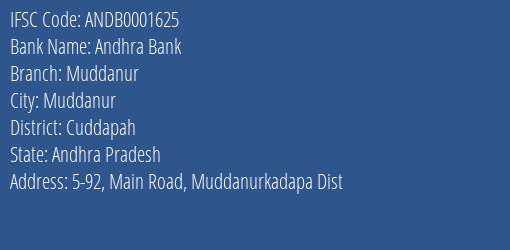 Andhra Bank Muddanur Branch Cuddapah IFSC Code ANDB0001625