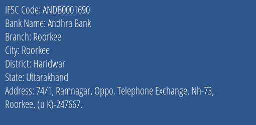 Andhra Bank Roorkee Branch Haridwar IFSC Code ANDB0001690