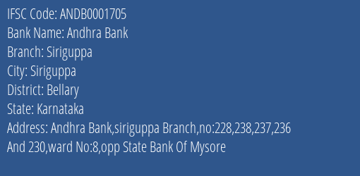 Andhra Bank Siriguppa Branch Bellary IFSC Code ANDB0001705