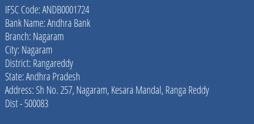 Andhra Bank Nagaram Branch Rangareddy IFSC Code ANDB0001724