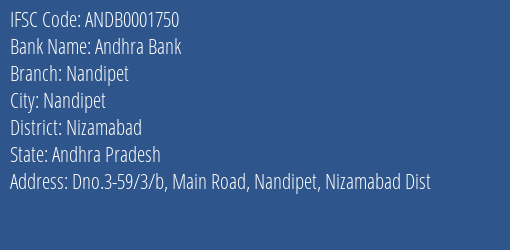 Andhra Bank Nandipet Branch Nizamabad IFSC Code ANDB0001750