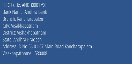 Andhra Bank Kancharapalem Branch Vishakhapatnam IFSC Code ANDB0001796