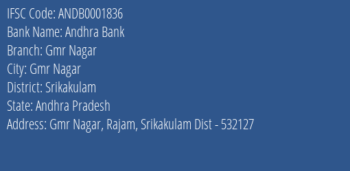 Andhra Bank Gmr Nagar Branch, Branch Code 001836 & IFSC Code Andb0001836