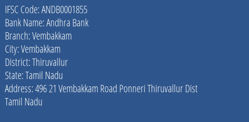 Andhra Bank Vembakkam Branch Thiruvallur IFSC Code ANDB0001855