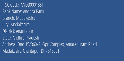 Andhra Bank Madakasira Branch Anantapur IFSC Code ANDB0001861