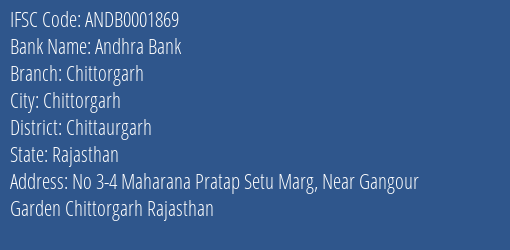 Andhra Bank Chittorgarh Branch, Branch Code 001869 & IFSC Code ANDB0001869