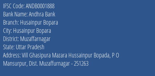Andhra Bank Husainpur Bopara Branch Muzaffarnagar IFSC Code ANDB0001888