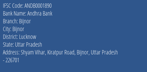 Andhra Bank Bijnor Branch Lucknow IFSC Code ANDB0001890