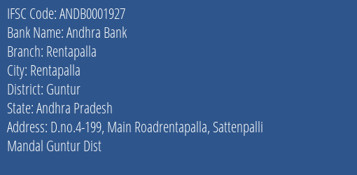 Andhra Bank Rentapalla Branch Guntur IFSC Code ANDB0001927