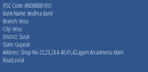 Andhra Bank Vesu Branch, Branch Code 001931 & IFSC Code Andb0001931