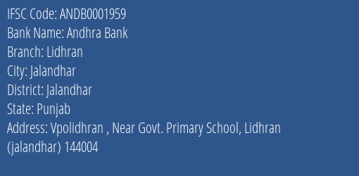 Andhra Bank Lidhran Branch Jalandhar IFSC Code ANDB0001959