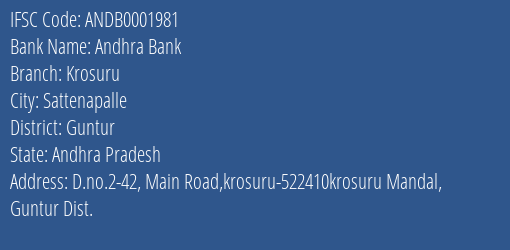 Andhra Bank Krosuru Branch Guntur IFSC Code ANDB0001981