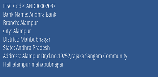 Andhra Bank Alampur Branch Mahbubnagar IFSC Code ANDB0002087