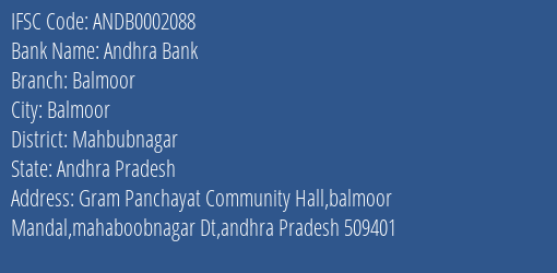 Andhra Bank Balmoor Branch Mahbubnagar IFSC Code ANDB0002088