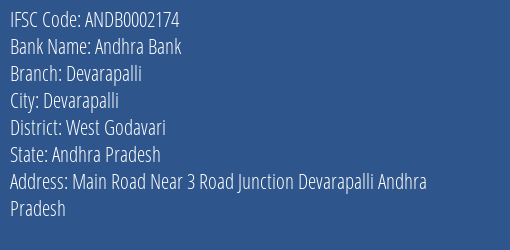 Andhra Bank Devarapalli Branch West Godavari IFSC Code ANDB0002174