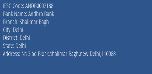Andhra Bank Shalimar Bagh Branch Delhi IFSC Code ANDB0002188