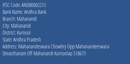 Andhra Bank Mahanandi Branch Kurnool IFSC Code ANDB0002213