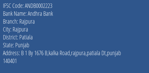 Andhra Bank Rajpura Branch Patiala IFSC Code ANDB0002223