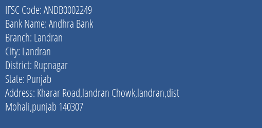 Andhra Bank Landran Branch Rupnagar IFSC Code ANDB0002249
