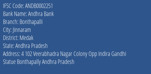 Andhra Bank Bonthapalli Branch Medak IFSC Code ANDB0002251